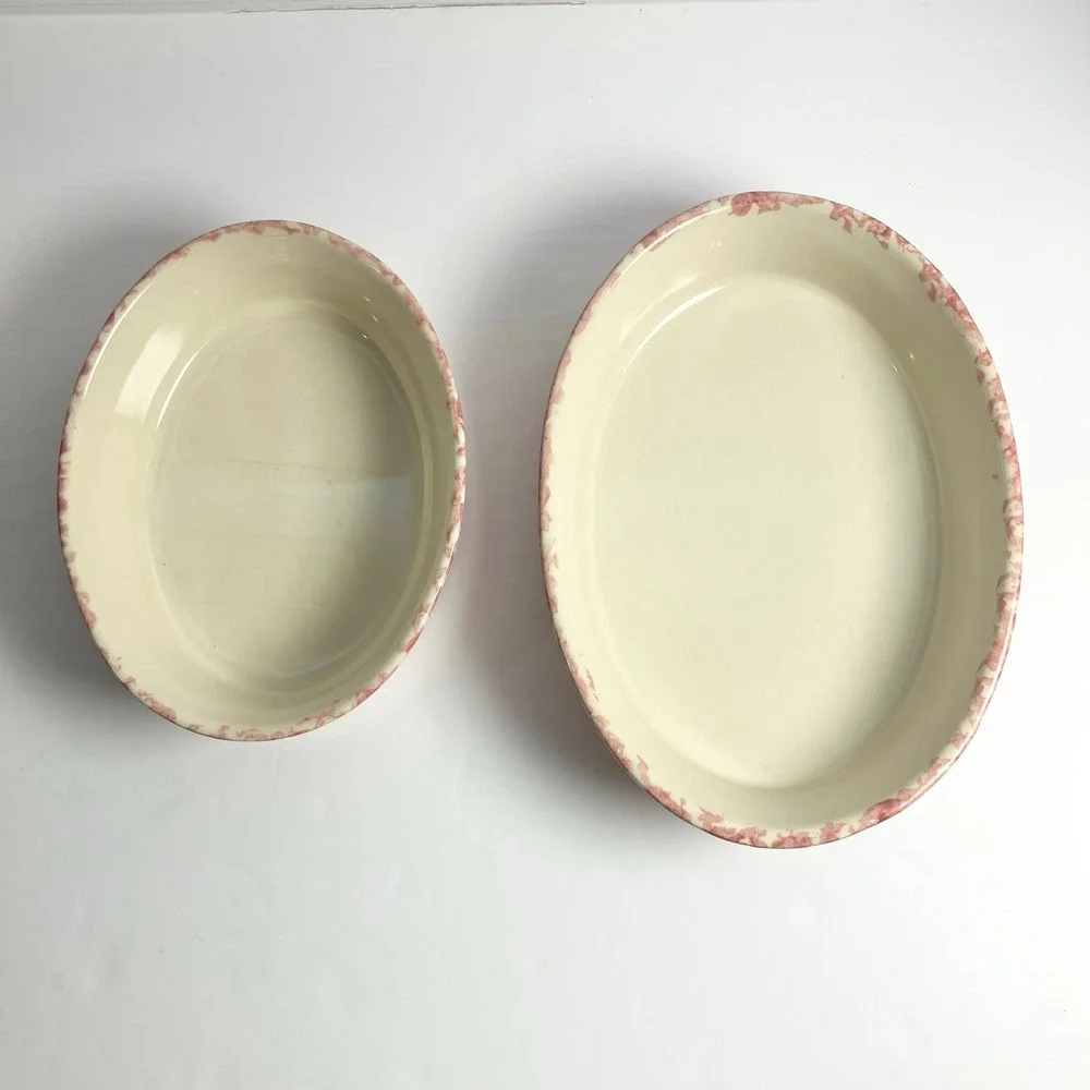 2 Roseville Pink Spongeware Pottery Oval Dish/Bowls by Gerald E. Henn 10